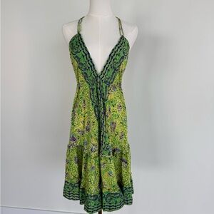 Meisie Italian-Designed Green Paisley Open Back Dress | 100% Viscose Boho Midi